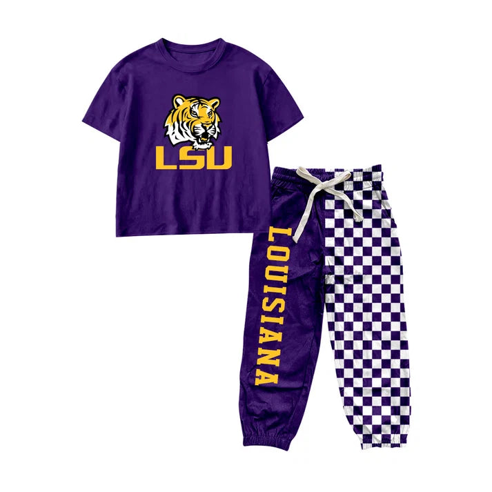 Preorder Baby Boys Purple LSU Tiger Shirt Top Pockets Joggers Team Clothes Sets BSPO0698