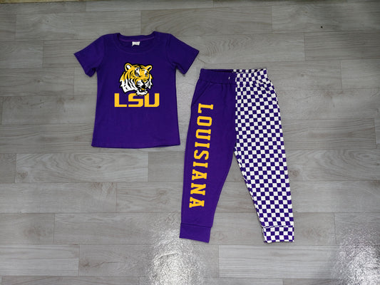 Preorder Baby Boys Purple LSU Tiger Shirt Top Pockets Joggers Team Clothes Sets BSPO0698