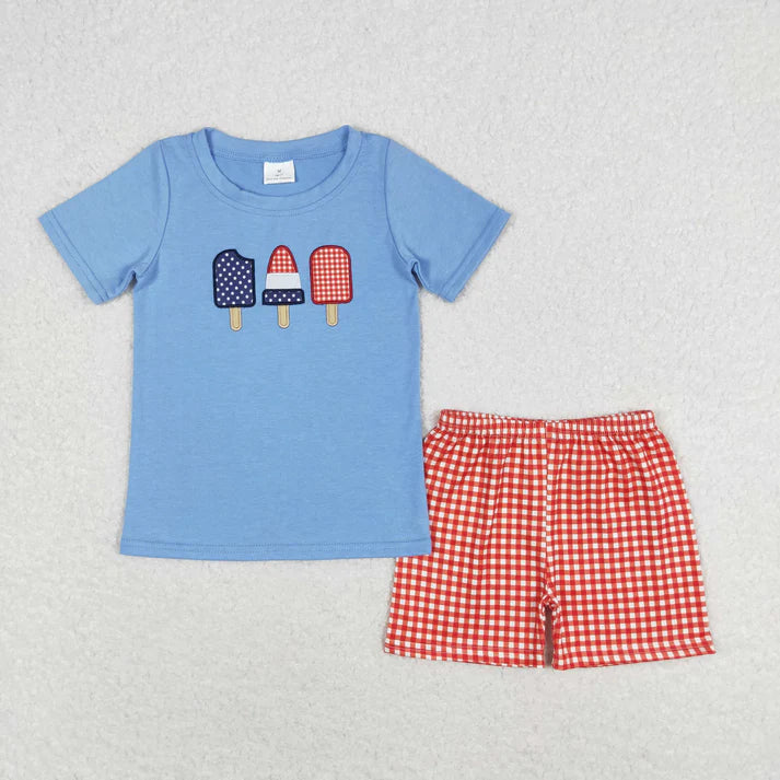 Sibling Baby Boys Embroidery Popsicle Flags Top Pockets Short 4th of July Clothes Sets