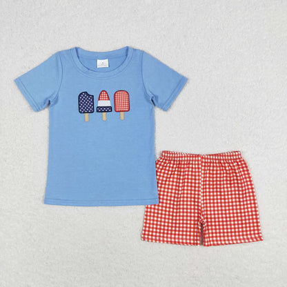 Sibling Baby Boys Embroidery Popsicle Flags Top Pockets Short 4th of July Clothes Sets