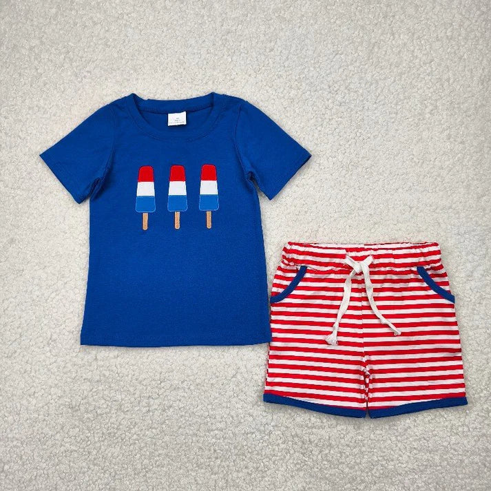 Sibling Baby Boys Embroidery Popsicle Flags Top Pockets Short 4th of July Clothes Sets