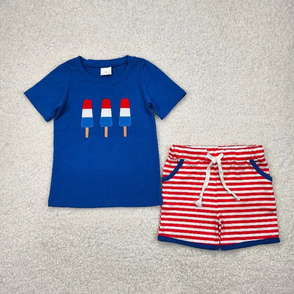 Sibling Baby Boys Embroidery Popsicle Flags Top Pockets Short 4th of July Clothes Sets
