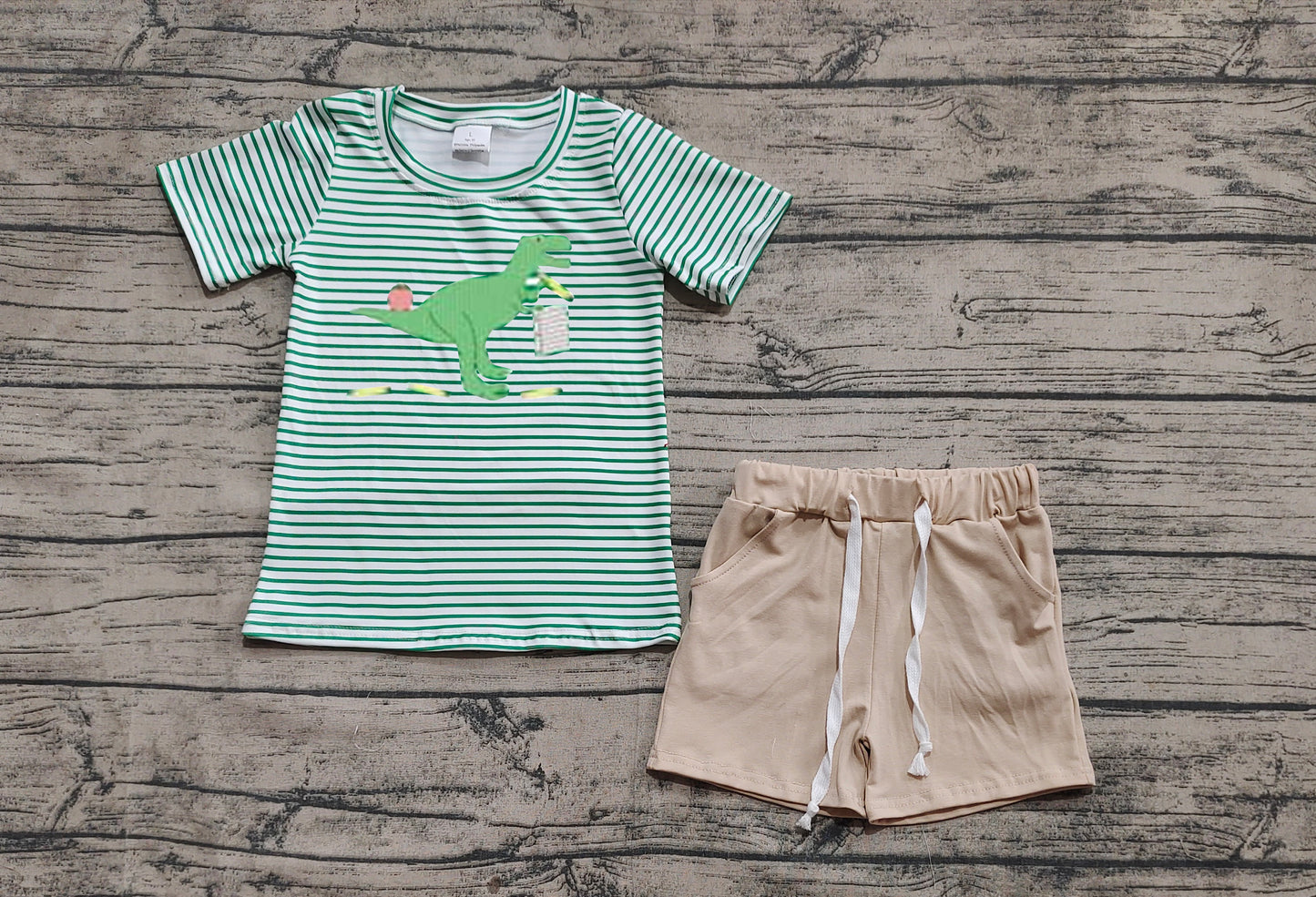 Baby Boys Clothes Green Stripe Short Sleeves Dinosaur Top Pockets Short Set Preorder BSSO1416 3.12