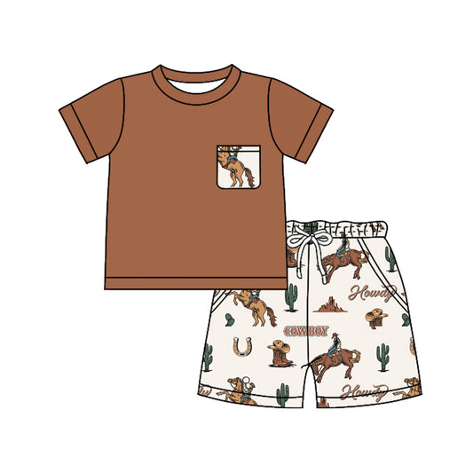 Baby Boys Clothes Brown Short Sleeves Pocket Top Horse Rodeo Cactus Short Set Preorder BSSO1449 3.14