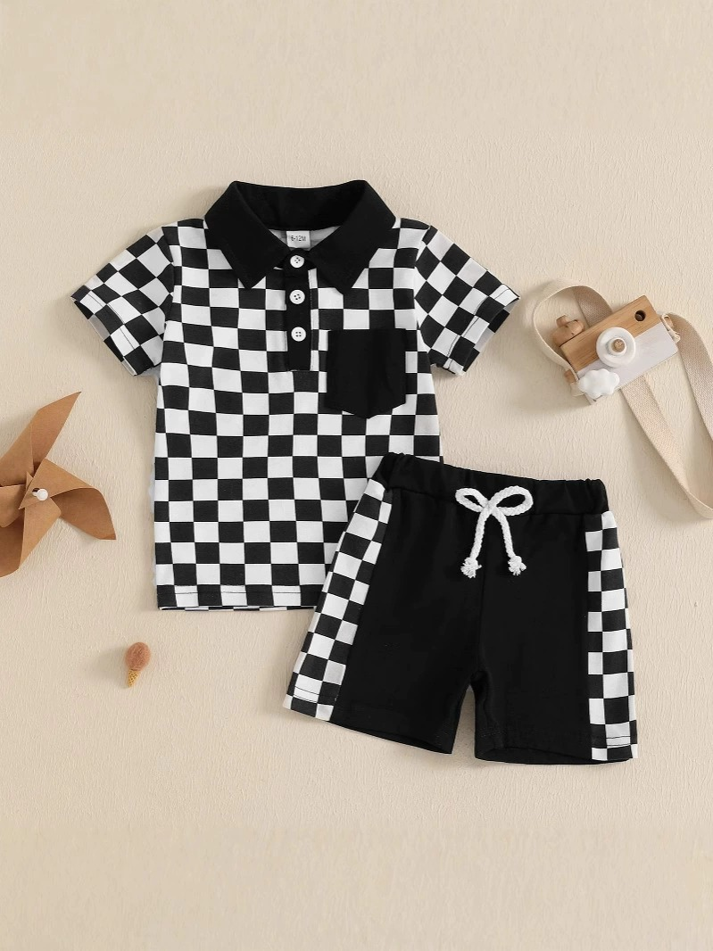 Baby Boys Clothes Black Plaid Button Pocket Top Shorts Sets Preorder BSSO1473 3.28