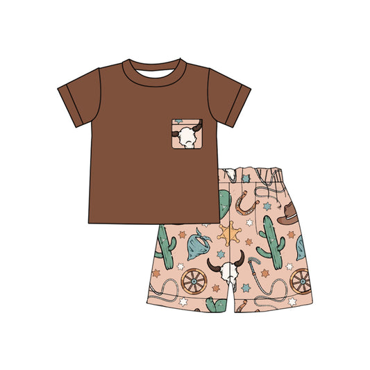 Baby Boys Clothes Brown Short Sleeves Pocket Top Bull Skull Cactus Shorts Sets Preorder BSSO1487 4.7