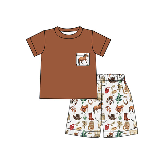 Baby Boys Clothes Brown Short Sleeves Pocket Top Cactus Horse Shorts Sets Preorder BSSO1501 4.8