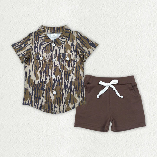 Baby Boys Camo Button Pockets Shirts Top Brown Cotton Shorts Sets BSSO1514