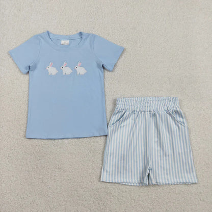 Sibling Baby Boys Girls Embroidery Rabbits Stripe Pockets Short Easter Clothes Set Ruffle Rompers