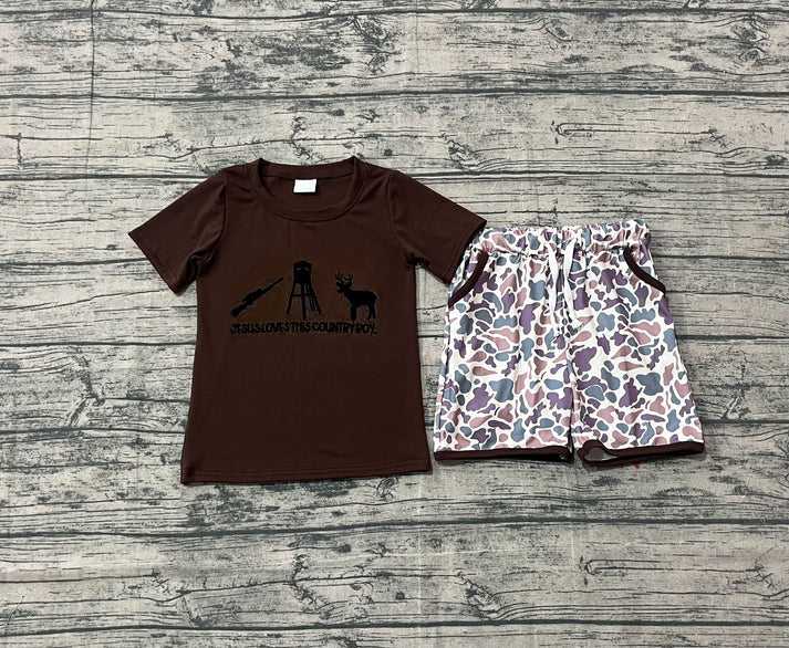 Embroidery Jesus Love Me Deer Baby Boys Top Camo Pockets Shorts Hunting Clothes Sets Preorder 10.25