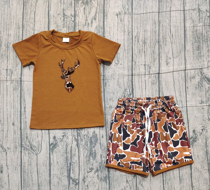 Embroidery Camo Deer Baby Boys Brown Top Shorts Hunting Clothes Sets Preorder 10.24