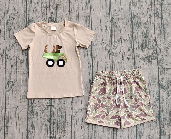 Embroidery Deer Truck Baby Boys Khaki Top Camo Shorts Hunting Clothes Sets Preorder 10.24