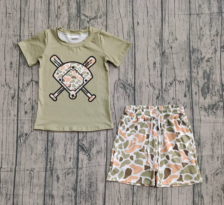 Baby Girls Green Orange Camo Baseball Top Shorts Team Clothes Sets Preorder 10.24