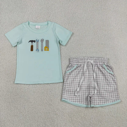Sibling Baby Boys Embroidery Tools Top Checked Pockets Short Clothes Set Rompers