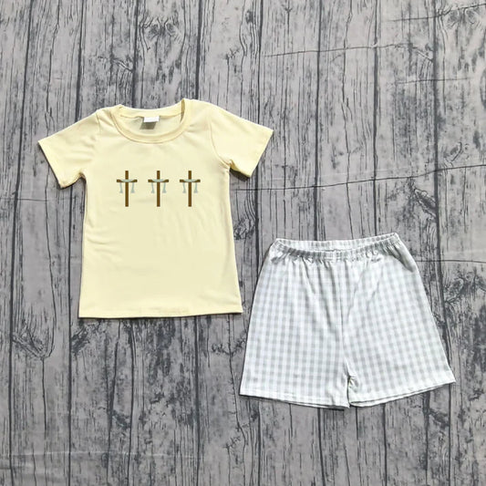 Embroidery Baby Boys Crosses Top Checked Shorts Easter Clothes Sets Preorder 1.14