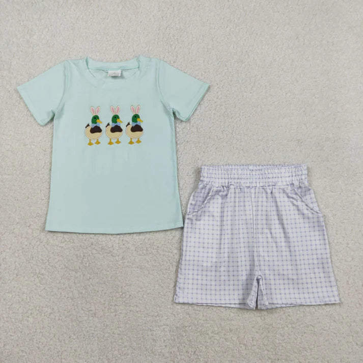 Sibling Baby Boys Embroidery Bunny Ducks Top Pockets Short Hunting Clothes Set Rompers