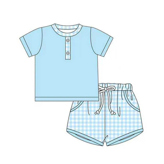 Baby Boys Blue Button Shirt Top Checked Pockets Shorts Clothes Sets Preorder 11.21