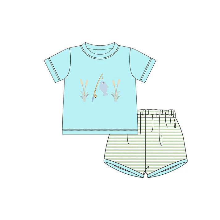 Baby Boys Blue Fishing Top Stripe Shorts Hunting Clothes Sets Preorder 11.21
