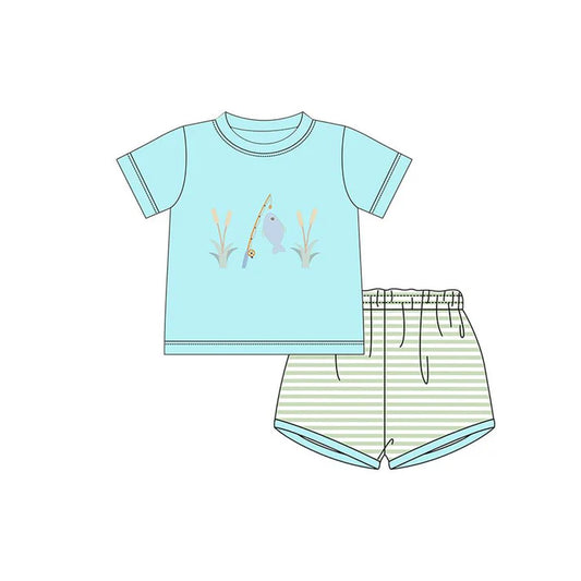 Baby Boys Blue Fishing Top Stripe Shorts Hunting Clothes Sets Preorder 11.21