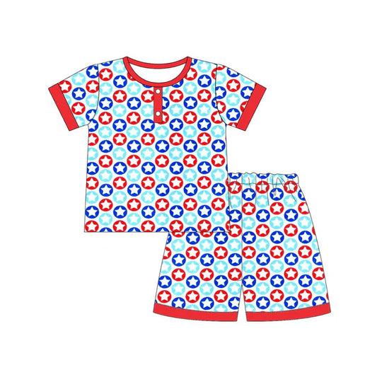 BSSO1735Baby Boys Blue Red Stars Button Top Shorts 4th of July Pajamas Sets Preorder 11.21