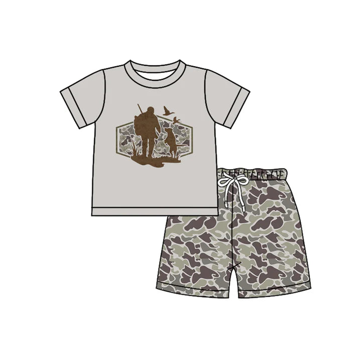 Baby Boys Grey Camo Dogs Ducks Top Shorts Hunting Clothes Sets Preorder 11.28
