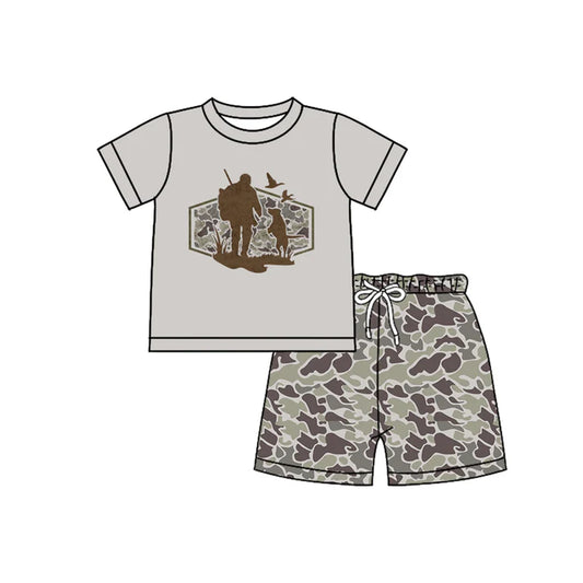 Baby Boys Grey Camo Dogs Ducks Top Shorts Hunting Clothes Sets Preorder 11.28