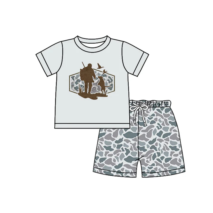 Baby Boys Light Grey Camo Dogs Ducks Top Shorts Hunting Clothes Sets Preorder 11.28