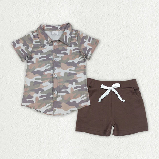 Baby Boys Southern Grey Camo Button Shirt Top Pockets Shorts Hunting Clothes Sets BSSO1804