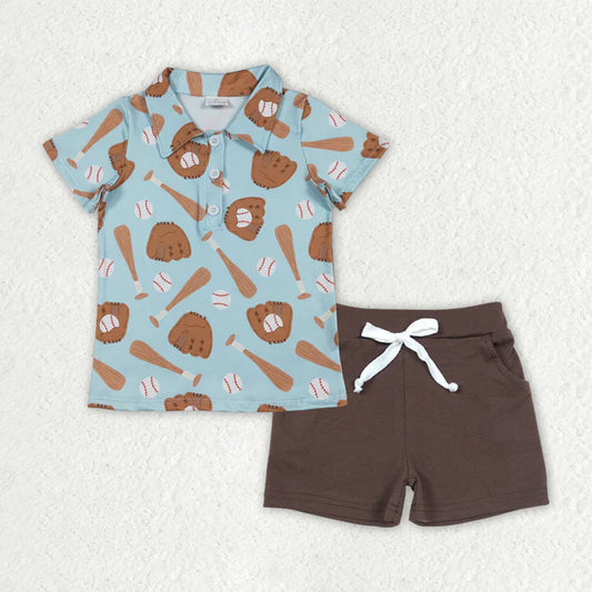 Baby Boys Baseballs Button Polo Shirts Brown Pockets Shorts Team Clothes Sets BSSO1805