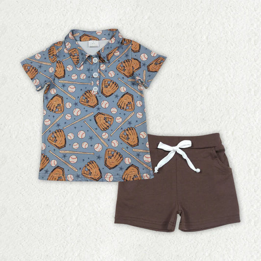 Baby Boys Baseballs Button Polo Shirts Brown Pockets Shorts Team Clothes Sets BSSO1806