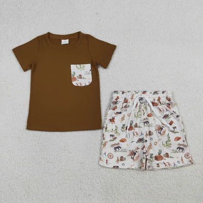 Sibling Baby Boys Horse Rodeos Top Pockets Short Western Clothes Set Rompers