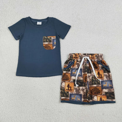 Sibling Baby Boys Deer Camo Checked Top Pockets Short Hunting Clothes Set Rompers