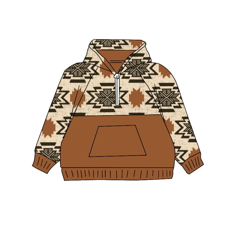 Baby Boys Clothes Tops Brown Aztec Fall Hooded Pullovers Tops Preorder BT0908