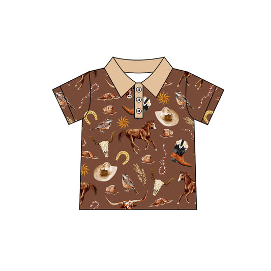 Baby Boys T-shirts Brown Short Sleeves Button Hats Horses Polo Shirts Top Preorder BT1230 4.8