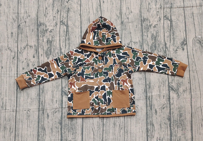 Baby Boys Dark Brown Camo Button Pockets Hooded Hunting Jackets Tops Preorder BT1442 11.15