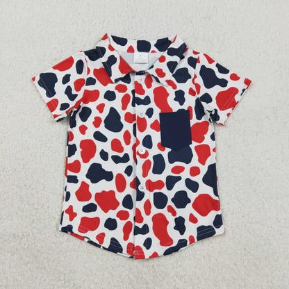 Sibling Baby Boys Red Blue Cow Print Button Tops Shorts 4th of July Clothes Set Rompers
