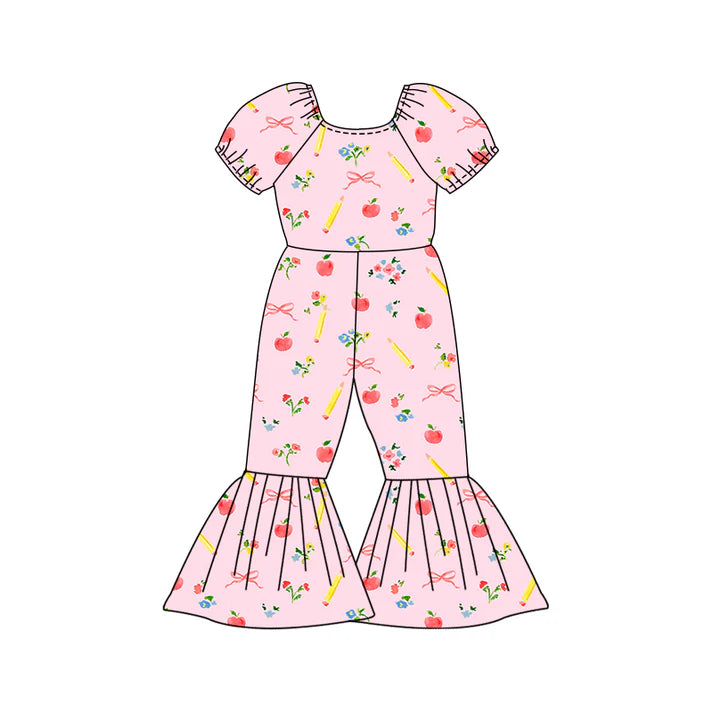 Preorder (moq 5)Baby Girls Bows Apples Pencils Back to School Bell Bottom Pant Jumpsuits 12.27