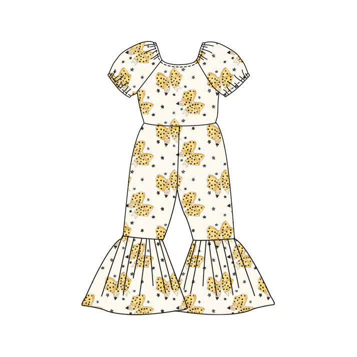 Preorder (moq 5)Baby Girls Stars Pencil Bows Back to School Bell Bottom Pant Jumpsuits 12.27