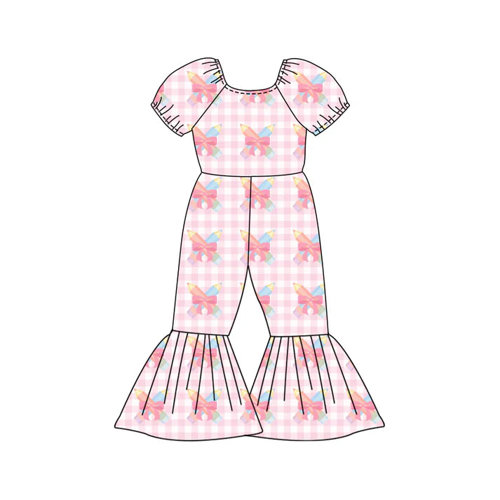 Preorder (moq 5)Baby Girls Pink Checked Pencil Bows Back to School Bell Bottom Pant Jumpsuits 12.27