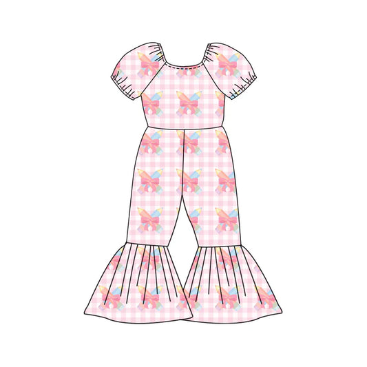 Preorder (moq 5)Baby Girls Pink Checked Pencil Bows Back to School Bell Bottom Pant Jumpsuits 12.27