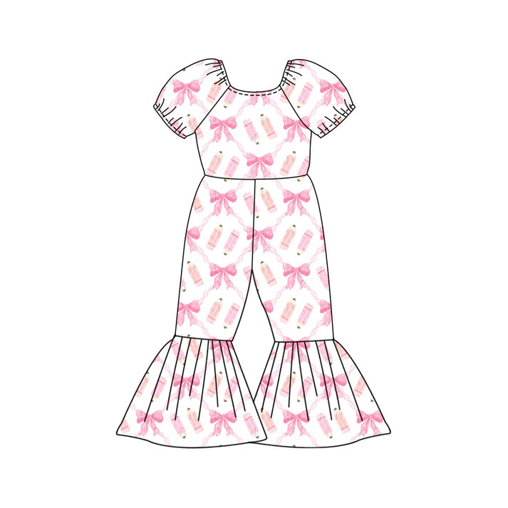 Preorder (moq 5)Baby Girls Pencil Bows Checked Back to School Bell Bottom Pant Jumpsuits 12.27