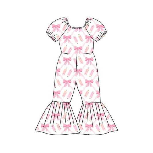 Preorder (moq 5)Baby Girls Pencil Bows Checked Back to School Bell Bottom Pant Jumpsuits 12.27