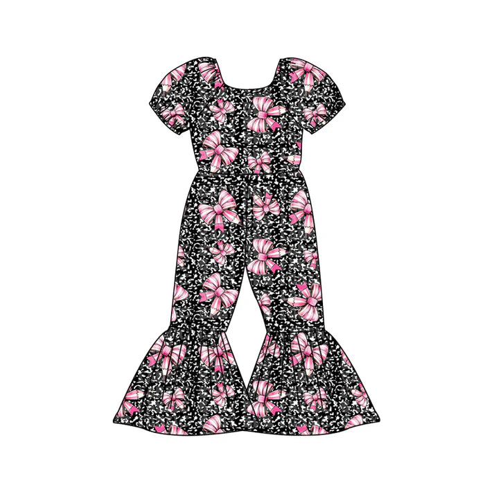 Preorder (moq 5)Baby Girls Pencil Bows Leopard Back to School Bell Bottom Pant Jumpsuits 12.27