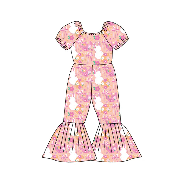Preorder (moq 5)Baby Girls Flowers Rabbits Eggs Easter Bell Bottom Pant Jumpsuits 12.27