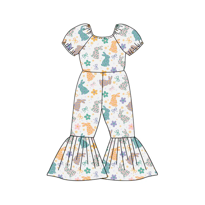 Preorder (moq 5)Baby Girls Flowers Rabbits Eggs Easter Bell Bottom Pant Jumpsuits 12.27