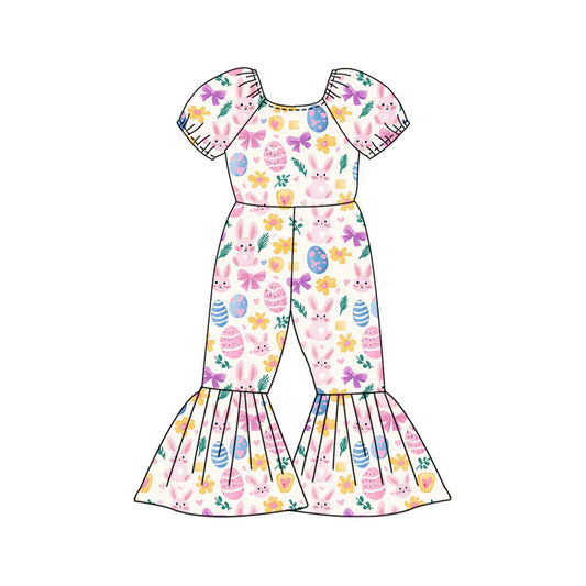 Preorder (moq 5)Baby Girls Flowers Rabbits Eggs Easter Bell Bottom Pant Jumpsuits 12.27