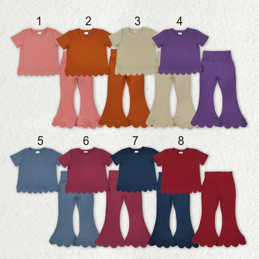 Sibling Baby Girls Short Sleeve Colorful Top Bell Bottom Pant Scallop Clothes Sets