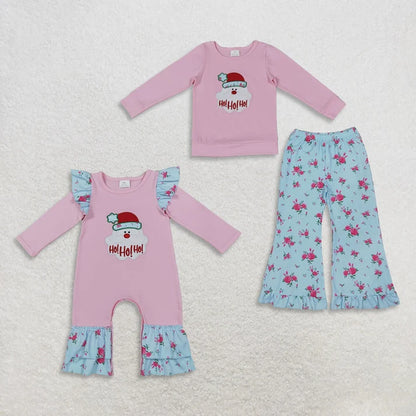 Sibling Baby Girls Embroidery Santa HO HO HO Flare Pant Christmas Set Pant Rompers
