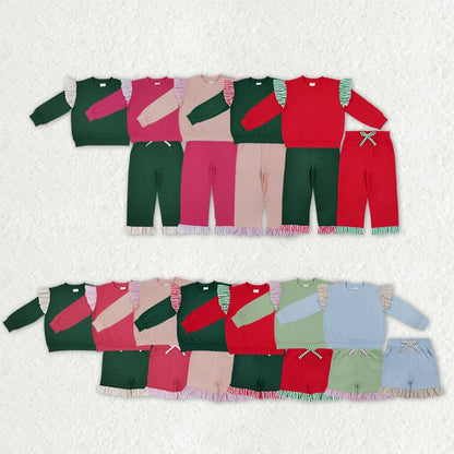Sibling Baby Girls Long Flutter Sleeves Shirts Top Pockets Ruffle Shorts Pants Clothes Sets