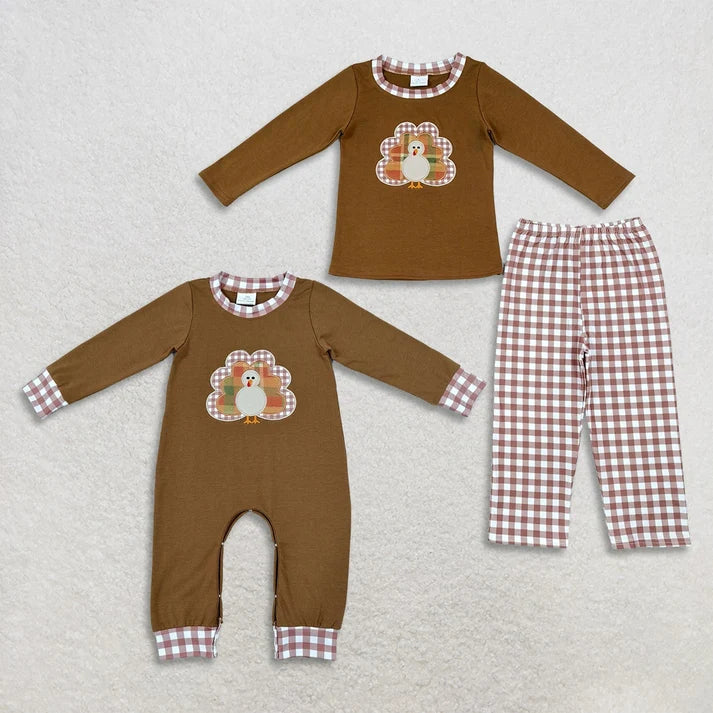 Sibling Baby Boys Embroidery Turkey Checked Pant Thanksgiving Set Pant Rompers